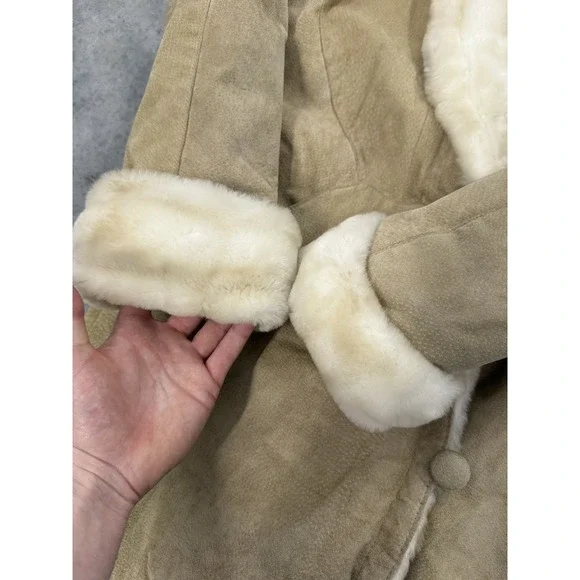Vintage Tan Suede Faux Fur Trim Collar Cuff Jacket Coat - Picture 4 of 9